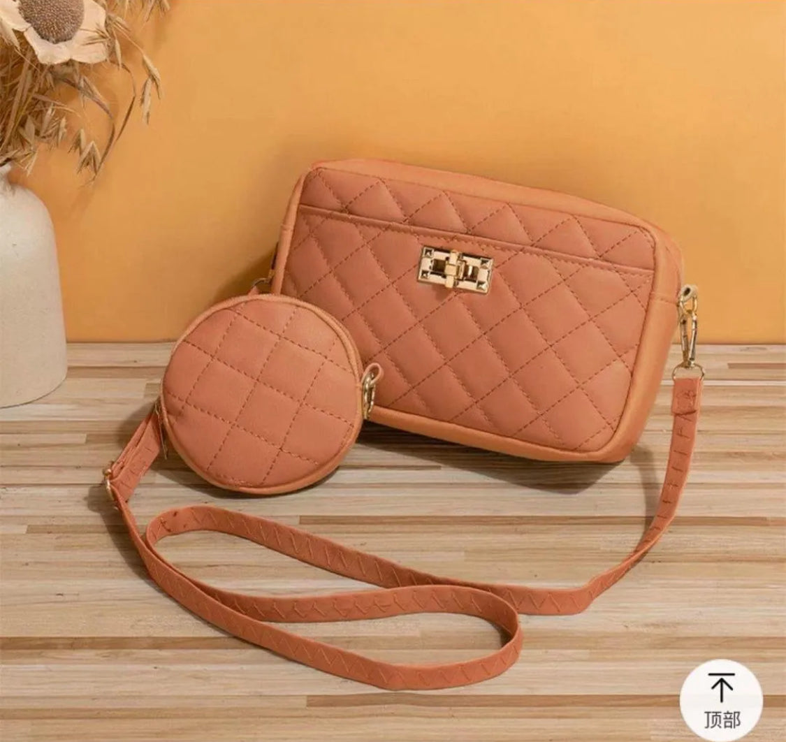 Premium Leather Diamond Textured Bag with Matching Circular Pouch