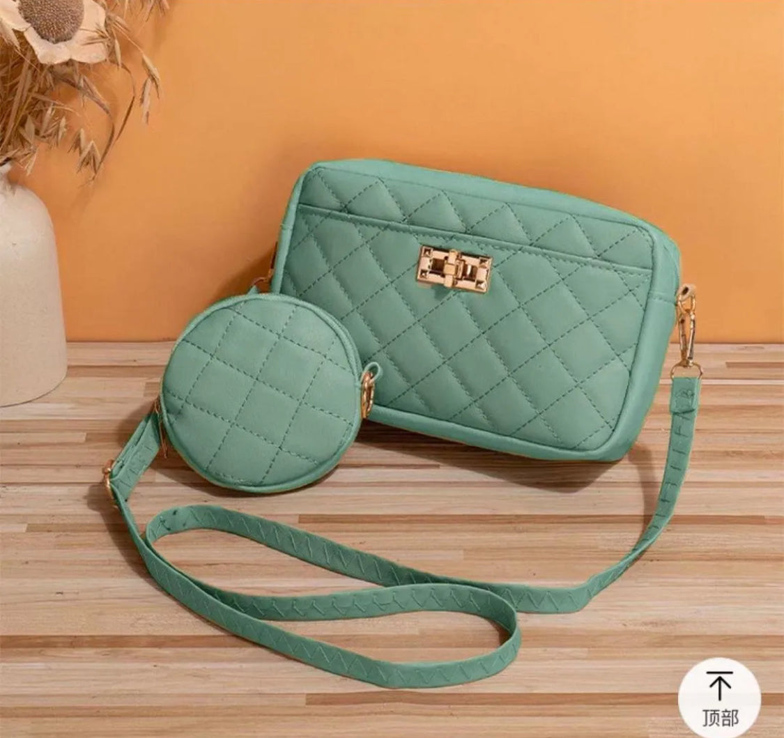 Premium Leather Diamond Textured Bag with Matching Circular Pouch