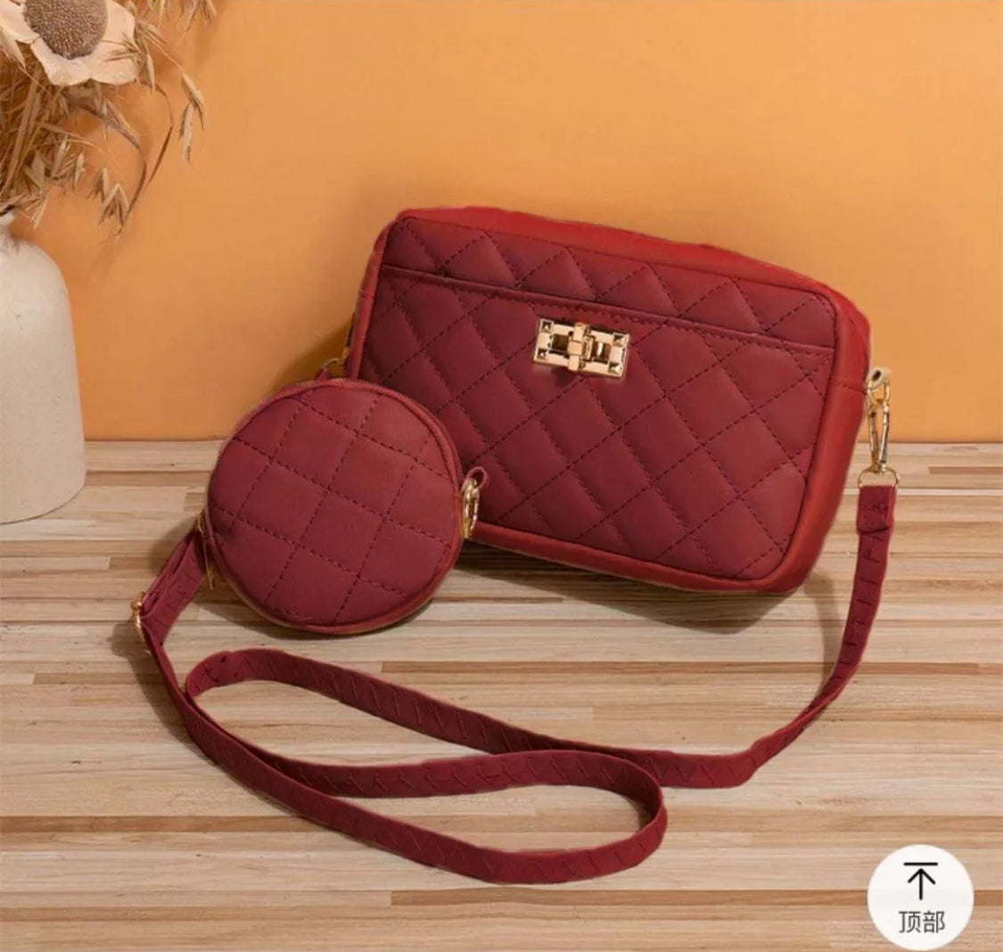 Premium Leather Diamond Textured Bag with Matching Circular Pouch