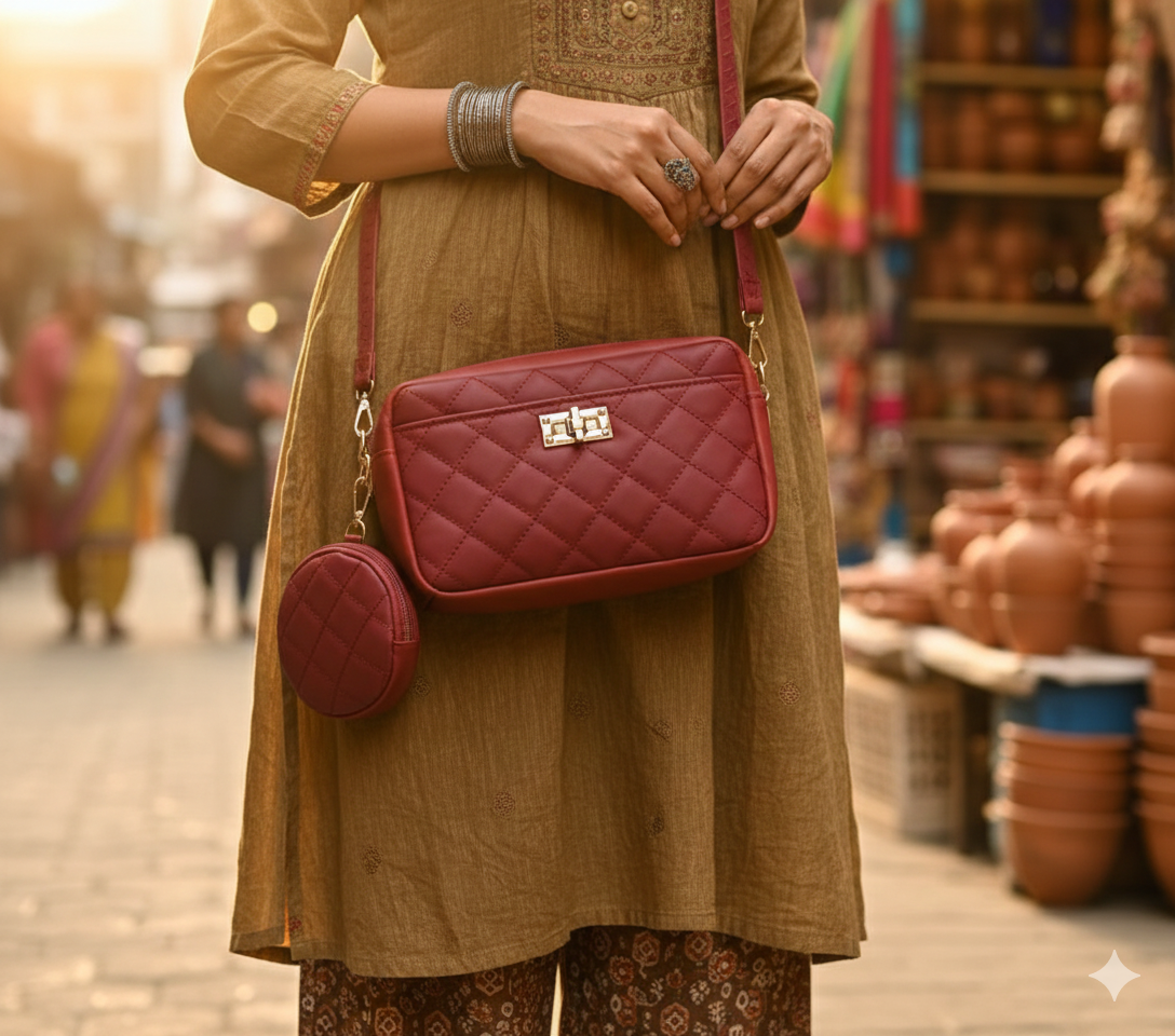 Premium Leather Diamond Textured Bag with Matching Circular Pouch