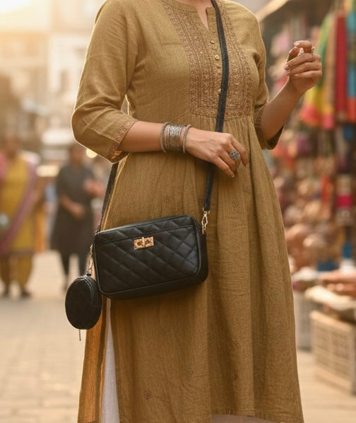 Premium Leather Diamond Textured Bag with Matching Circular Pouch